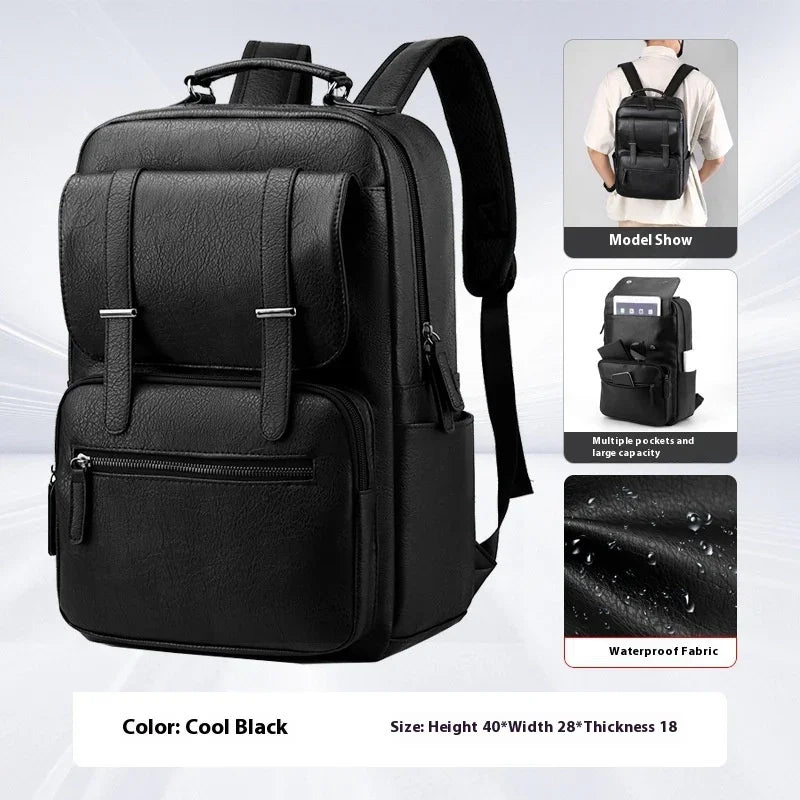 Cool black waterproof leather backpack with multiple pockets and spacious design, worn by model