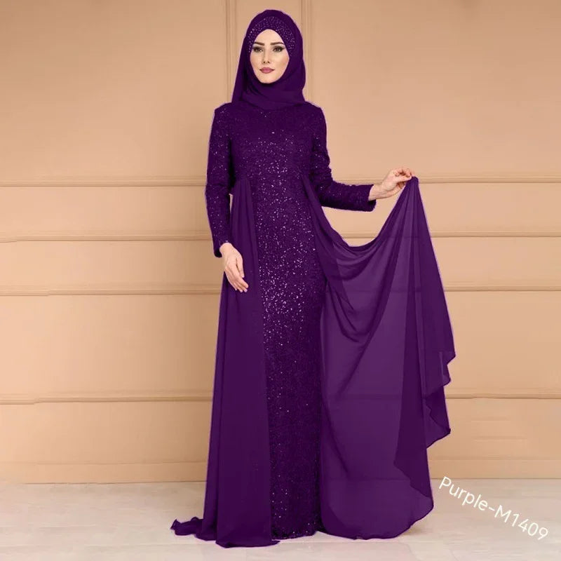 Woman wearing elegant purple sequined evening gown with matching hijab against beige background