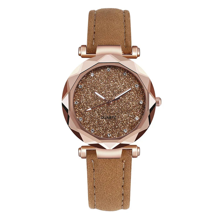 Rose gold quartz watch with glittery dial and brown leather strap
