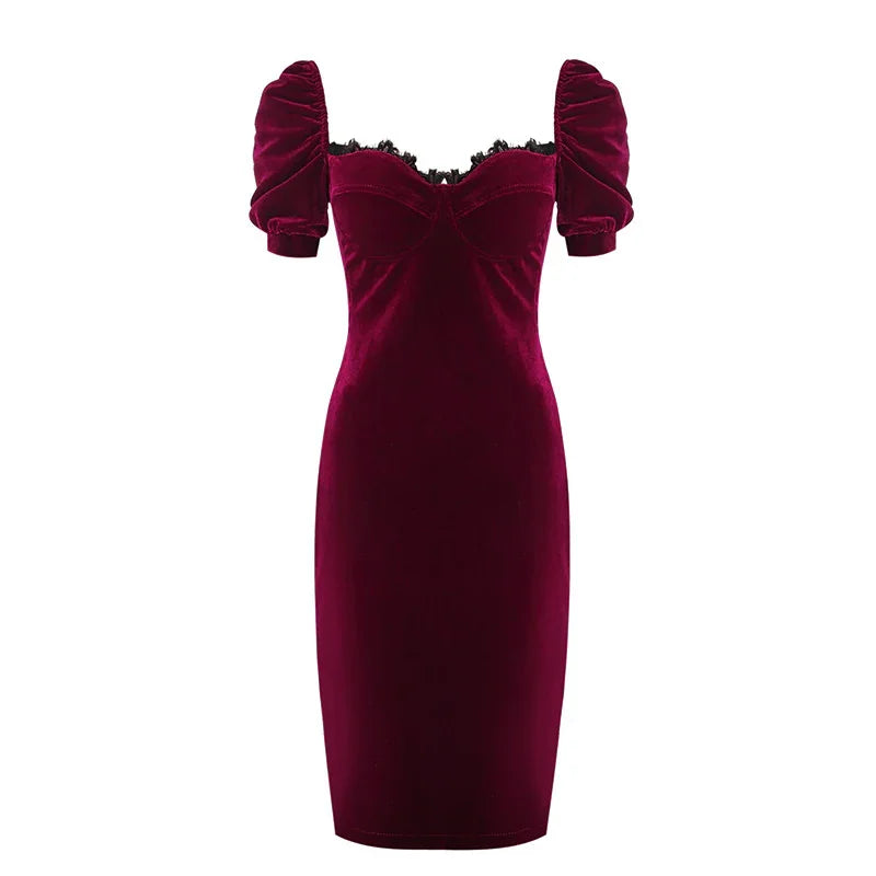Elegant burgundy velvet midi dress with puff sleeves and sweetheart neckline