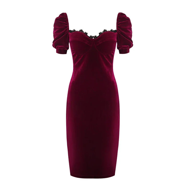 Elegant burgundy velvet midi dress with puff sleeves and sweetheart neckline