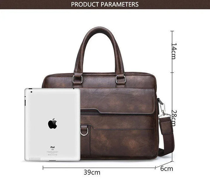 Brown leather briefcase with dual handles and detachable strap beside an iPad, dimensions 39x28x6cm