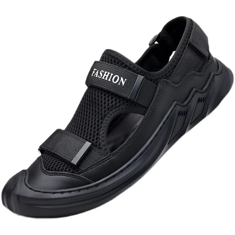 Black mesh fashion sandal with adjustable straps and sporty design for men