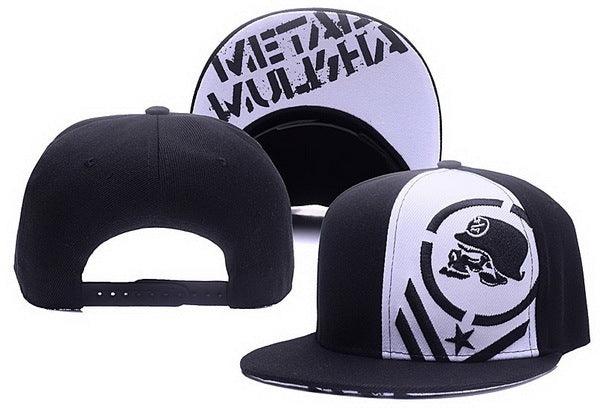 Black and white snapback cap with graphic logo and text under brim, adjustable back strap