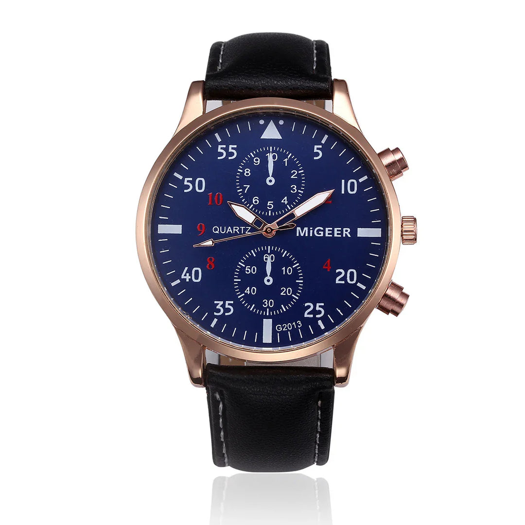Rose gold MiGEER quartz wristwatch with blue dial, black leather strap, and chronograph subdials