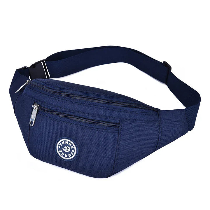 Navy blue fabric waist bag with black adjustable strap and dual zippered compartments
