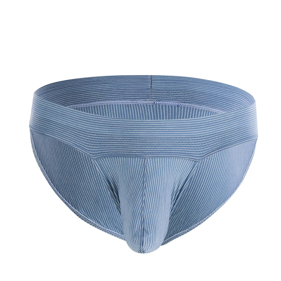 Light blue ribbed men's briefs with reinforced pouch and waistband on white background