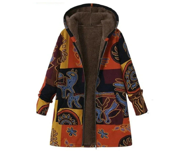 Colorful patchwork hooded jacket with abstract patterns and soft brown fleece lining