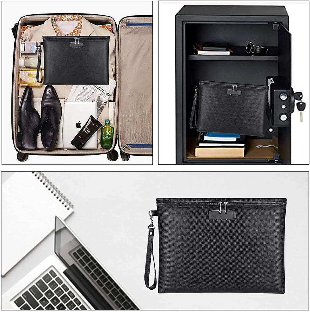 Black zipper pouch with combination lock displayed packed in suitcase, inside safe, and on desk with laptop