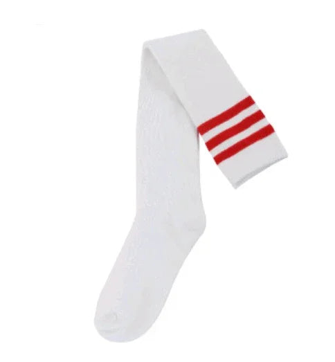 White knee-high sock with three horizontal red stripes near the top