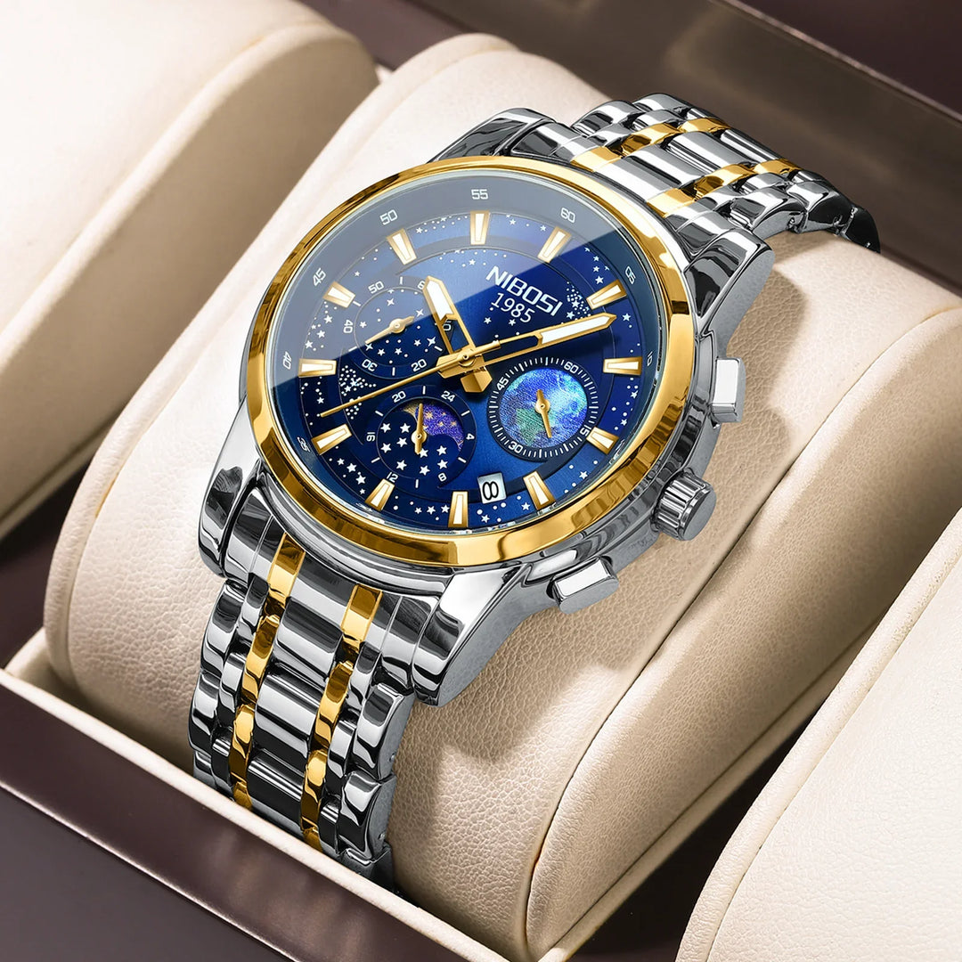 Nibosi 1985 mens gold and silver watch with blue celestial dial and date display in gift box