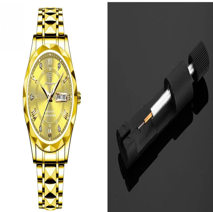 Gold-colored men's wristwatch with metal bracelet and date display, next to a black watch band spring bar tool