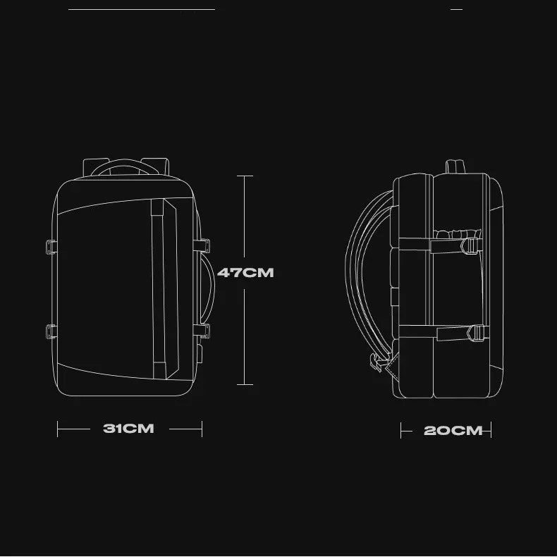 Technical drawing of a rectangular backpack with dimensions 47cm height, 31cm width, and 20cm depth on a black background