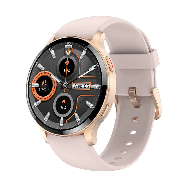 Rose gold smartwatch with beige silicone strap showing heart rate, steps, calories, and date on black dial
