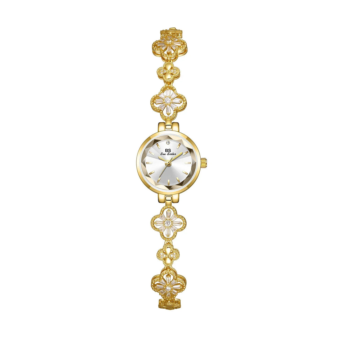 Elegant gold wristwatch with floral bracelet and white dial by Bee Sister