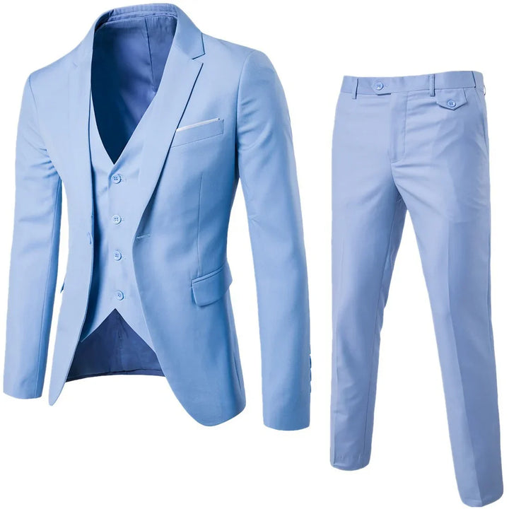 Light blue men's three-piece suit with blazer, waistcoat, and slim-fit trousers
