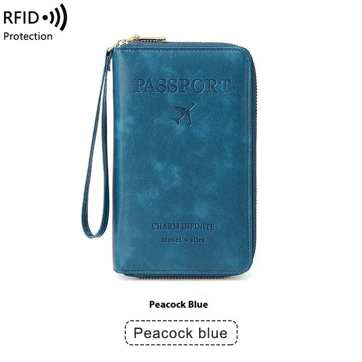 Peacock blue RFID protected travel wallet with wrist strap and embossed passport design