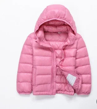 Pink hooded puffer jacket for children with front zipper on white background