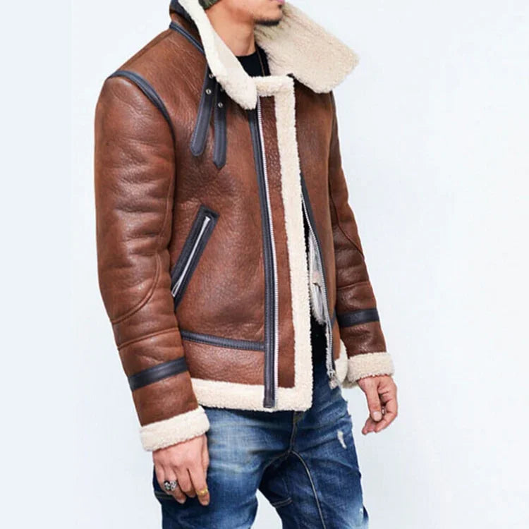 Man wearing brown shearling leather jacket with fleece lining and blue jeans