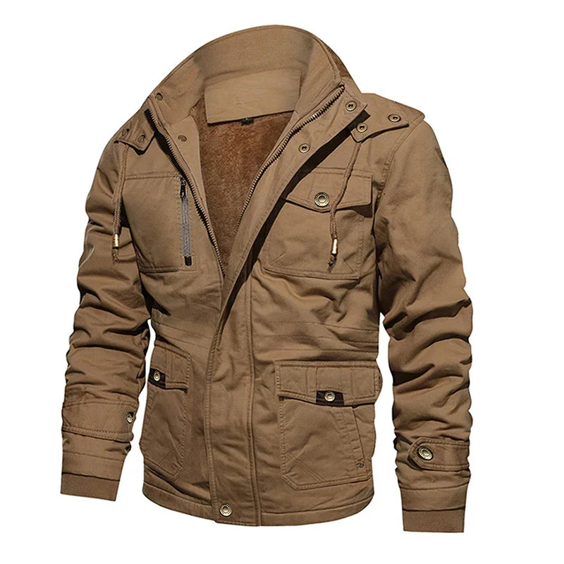 brown men's winter jacket with multiple pockets, zip and button closure, and fleece lining