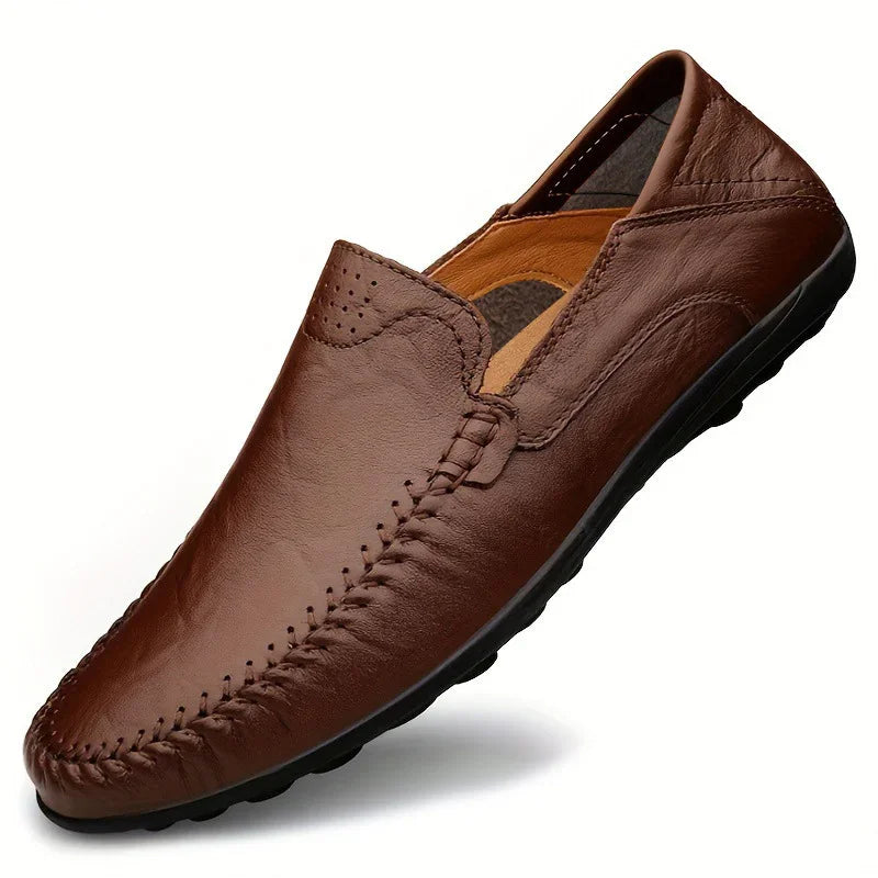 Brown leather men's casual loafer with stitched detailing and black rubber sole