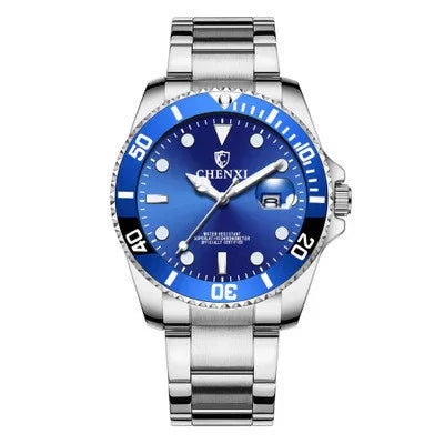 Chenxi silver stainless steel men's wristwatch with blue dial and rotating bezel