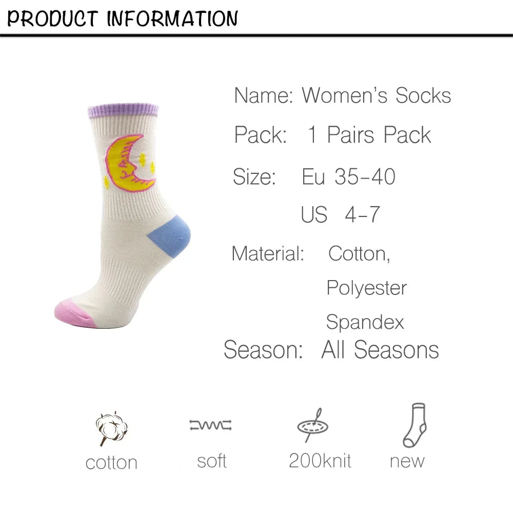 Women's cotton blend socks with moon and stars design, pastel heel and toe, size EU 35-40