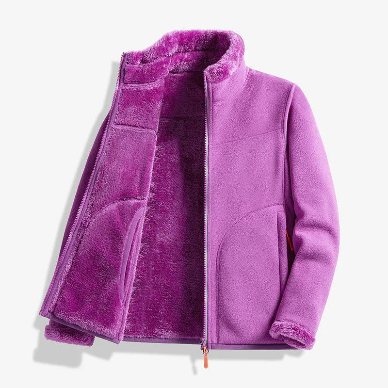Purple fleece jacket with plush inner lining and front zipper on white background