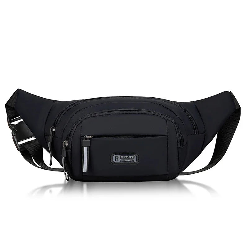 Black sport waist bag with multiple zippered compartments and adjustable strap