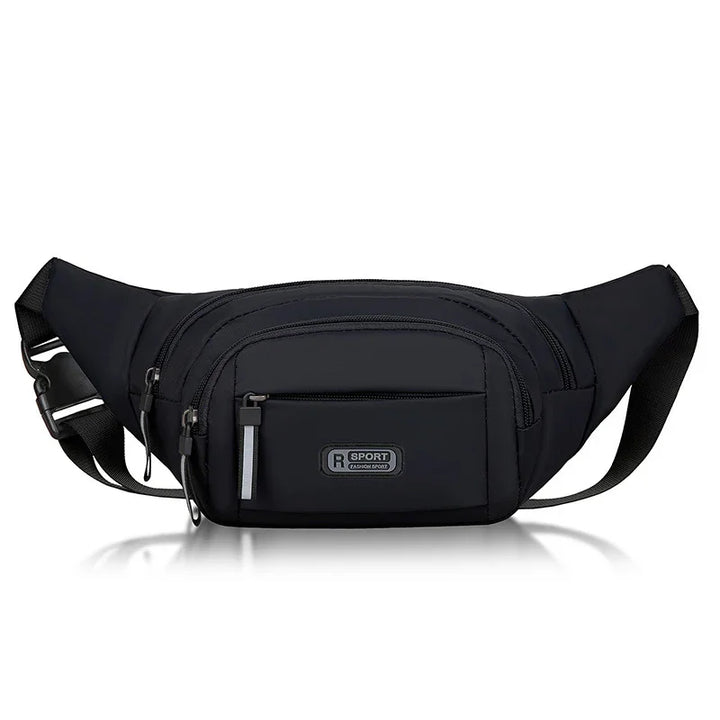 Black sport waist bag with multiple zippered compartments and adjustable strap