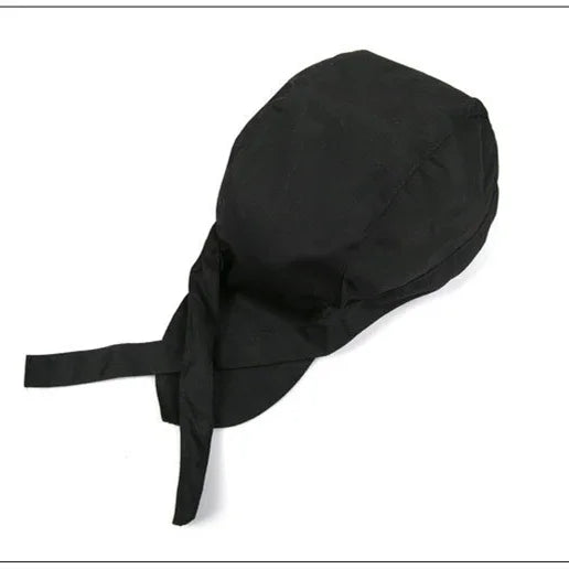 Black durable work cap with long back flap and adjustable strap on white background