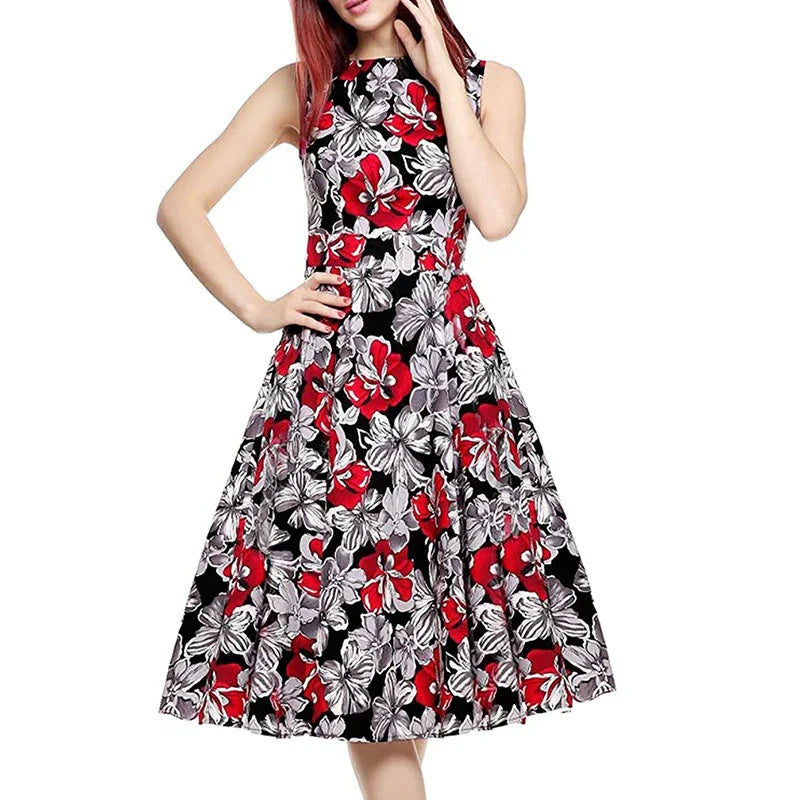 Sleeveless black dress with red and white floral pattern, fitted waist, and flared skirt