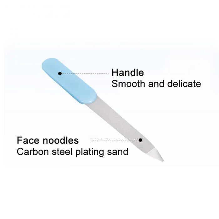 Blue-handled nail file with smooth handle and carbon steel plating sand surface