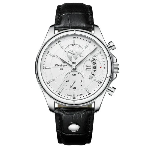 Elegant silver Bodega chronograph watch with white dial, black leather strap, and date display