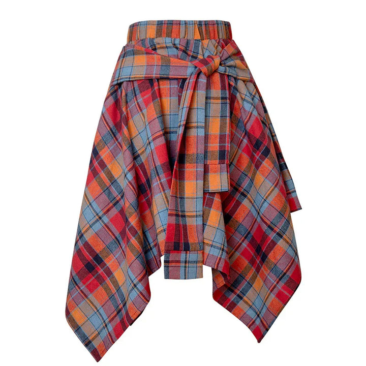 Asymmetric plaid skirt with orange, red, and blue check pattern and attached fabric belt