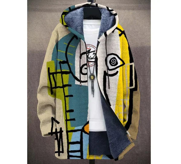 colorful abstract face print hooded jacket with fleece lining layered over a white graphic t-shirt