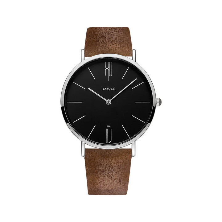 Minimalist wristwatch with black dial, silver case, and brown leather strap by Yazole