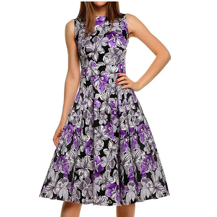 Sleeveless A-line midi dress with purple and white floral print on black background