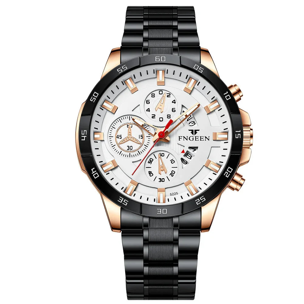 FNGEEN men's black and rose gold stainless steel chronograph watch with white dial