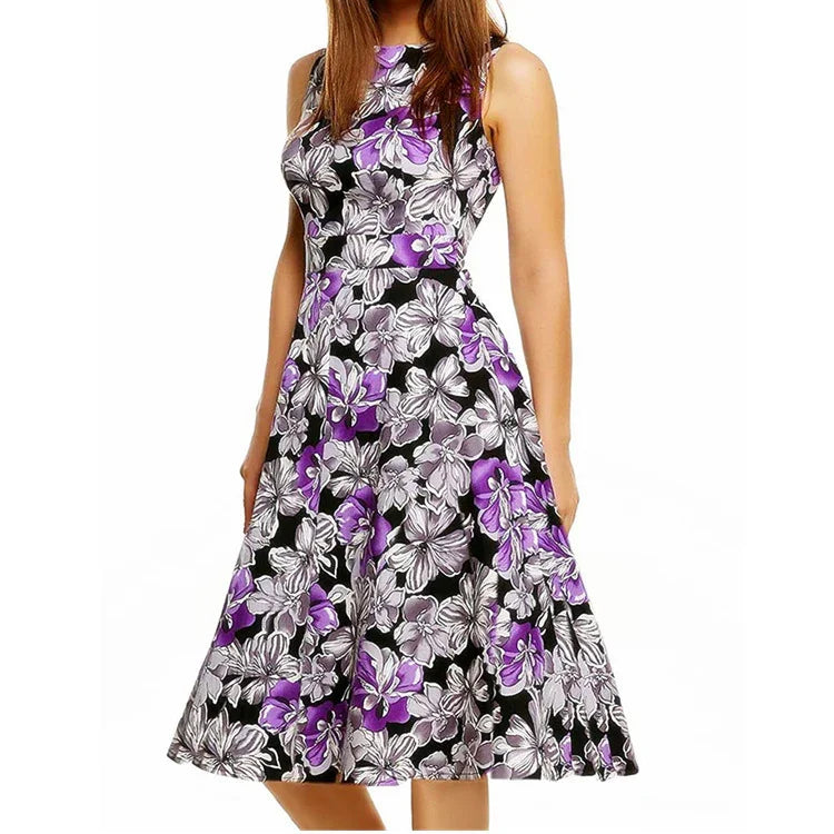 Sleeveless black dress with purple and white floral print, knee-length skirt, fitted waist