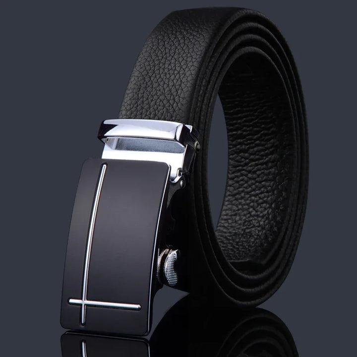 Black leather belt with textured strap and shiny black rectangular buckle featuring a silver cross detail