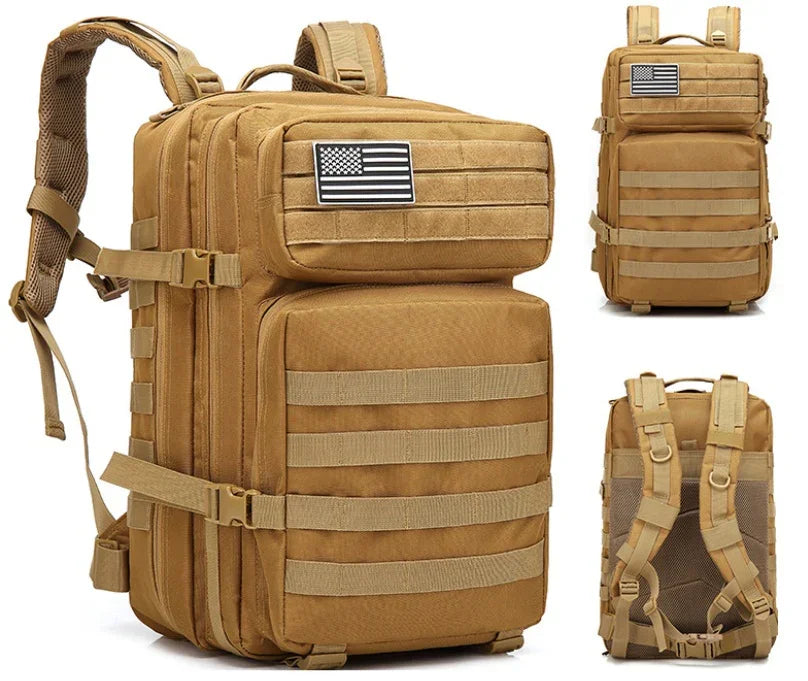 Tan tactical military backpack with multiple compartments, MOLLE webbing, and US flag patch