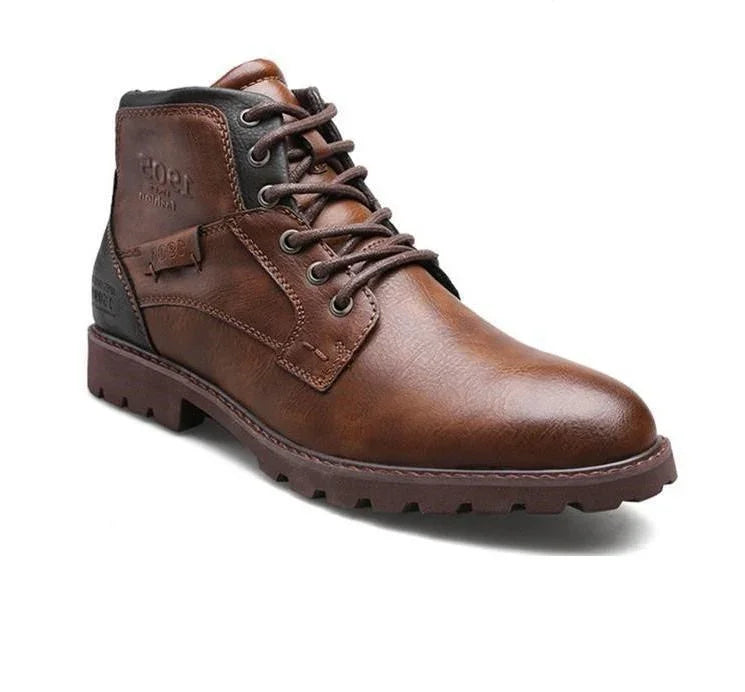 Men's brown leather lace-up ankle boot with rugged sole and black padded collar