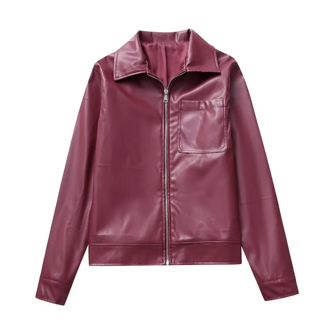 Maroon faux leather jacket with zipper front and chest pocket on white background