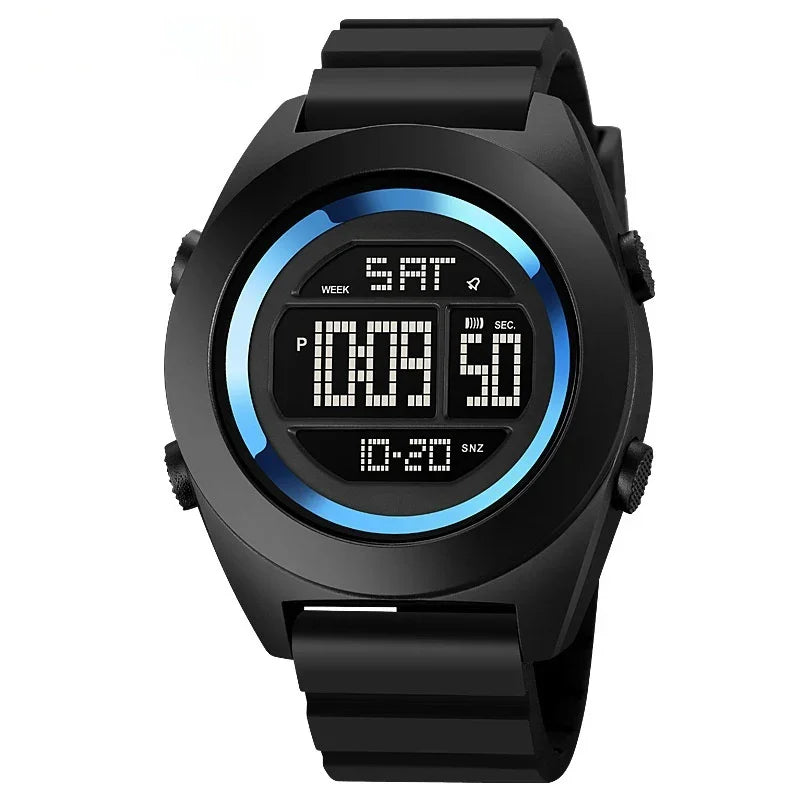 Black digital sports watch with round face, blue gradient ring, and time, day, and seconds display