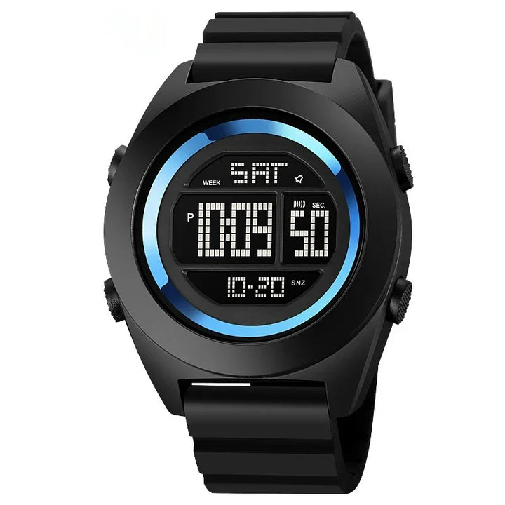 Black digital sports watch with round face, blue gradient ring, and time, day, and seconds display