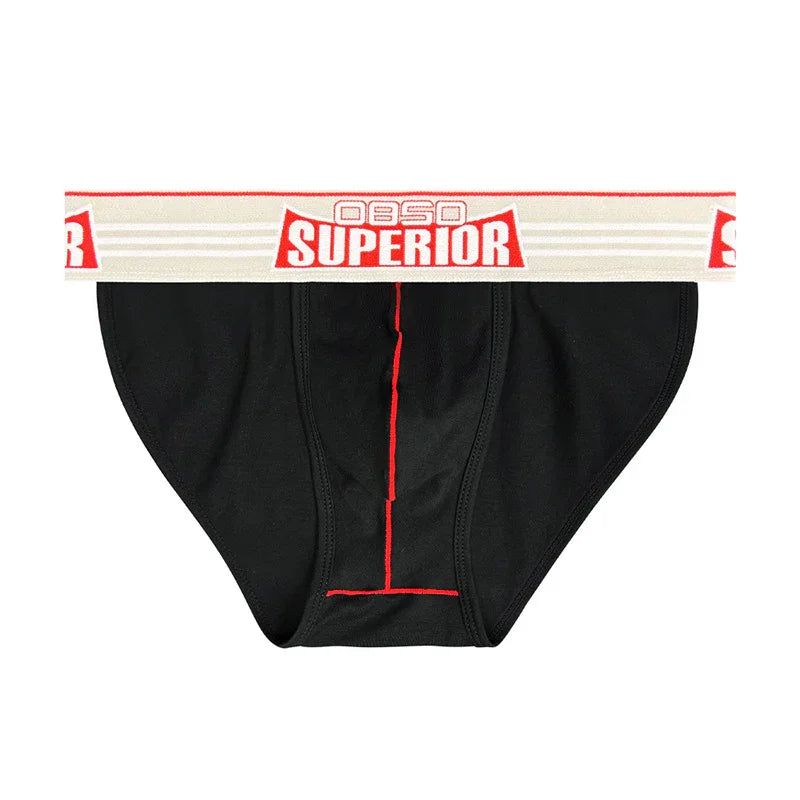 Black men's brief underwear with red stitching and white waistband labeled OS80 Superior