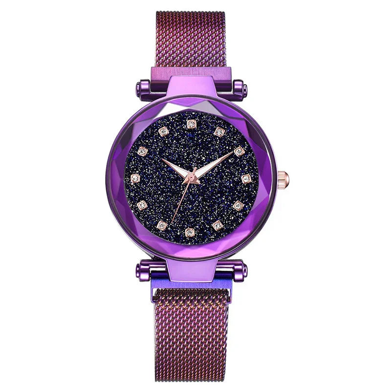 Purple women's watch with glittery black dial and rose gold markers on mesh strap