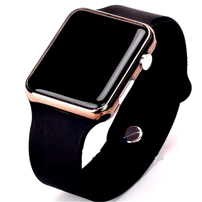 Smartwatch with black band and rose gold casing, blank screen, modern digital wristwatch