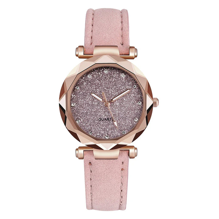 Elegant women's quartz watch with sparkling pink dial and soft pink leather strap